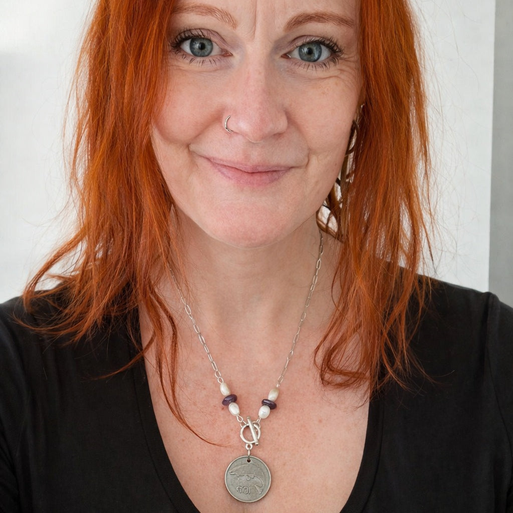 Amethyst and pearl 1976 Irish 10p necklace