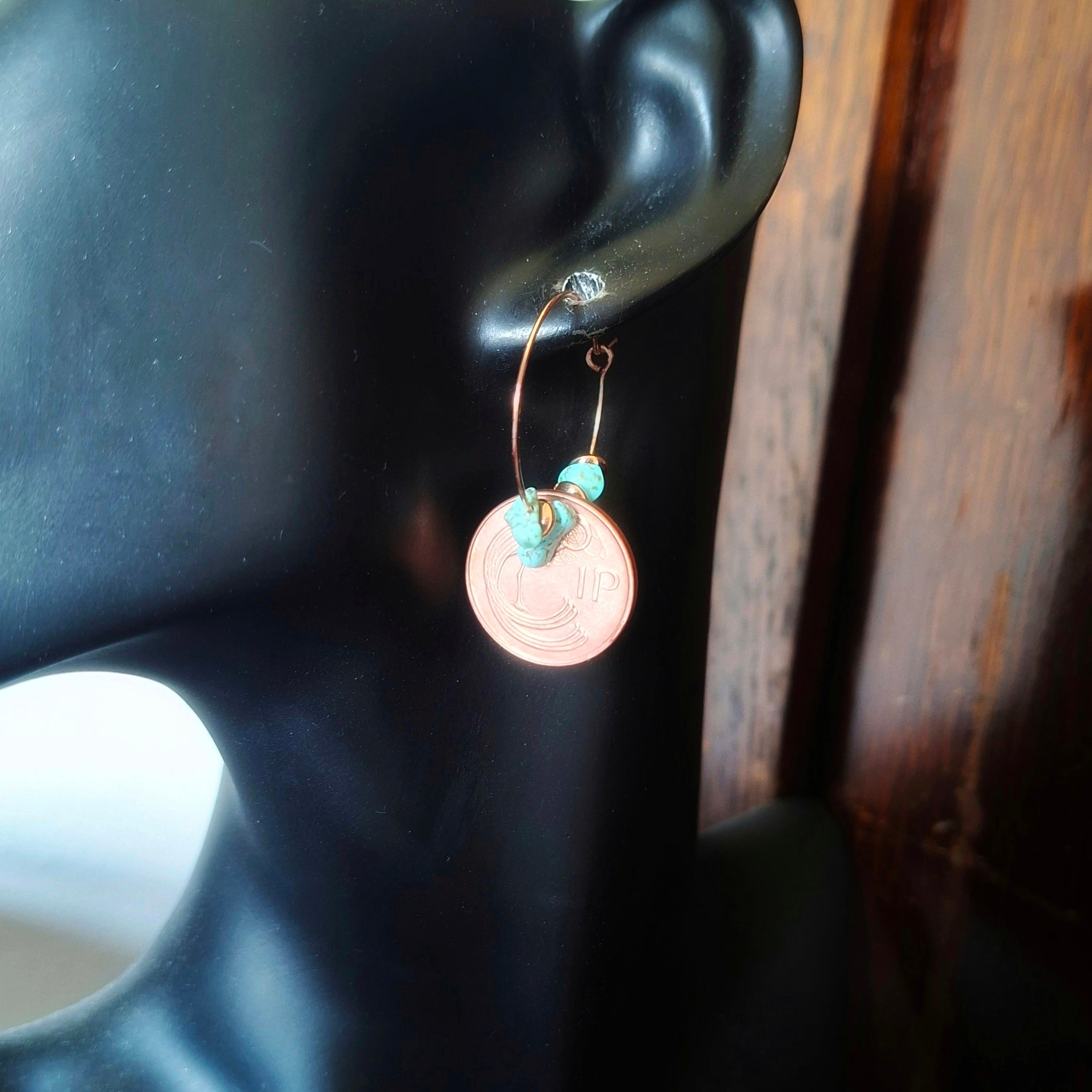 1996 Irish 1p Coin and Turquoise Hoop Earrings