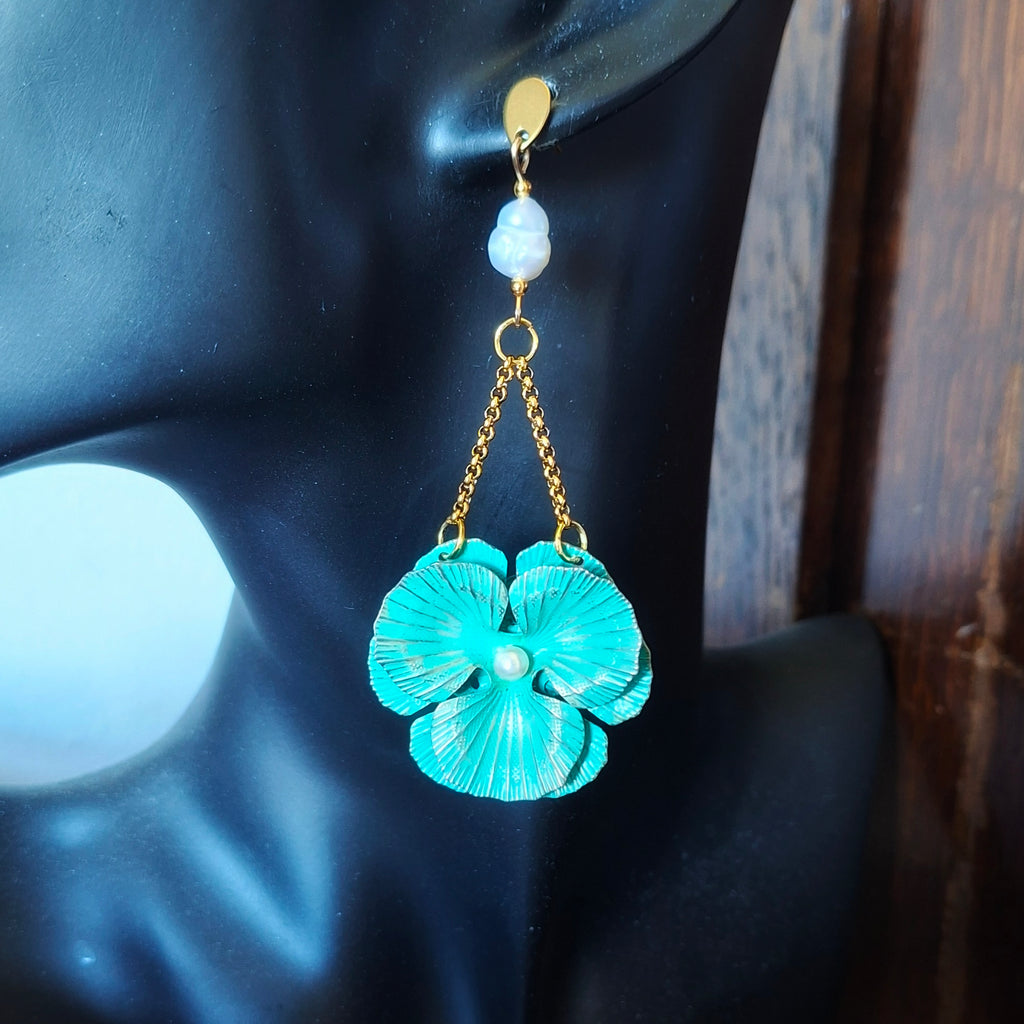 80mm long earrings with pearls and flowers
