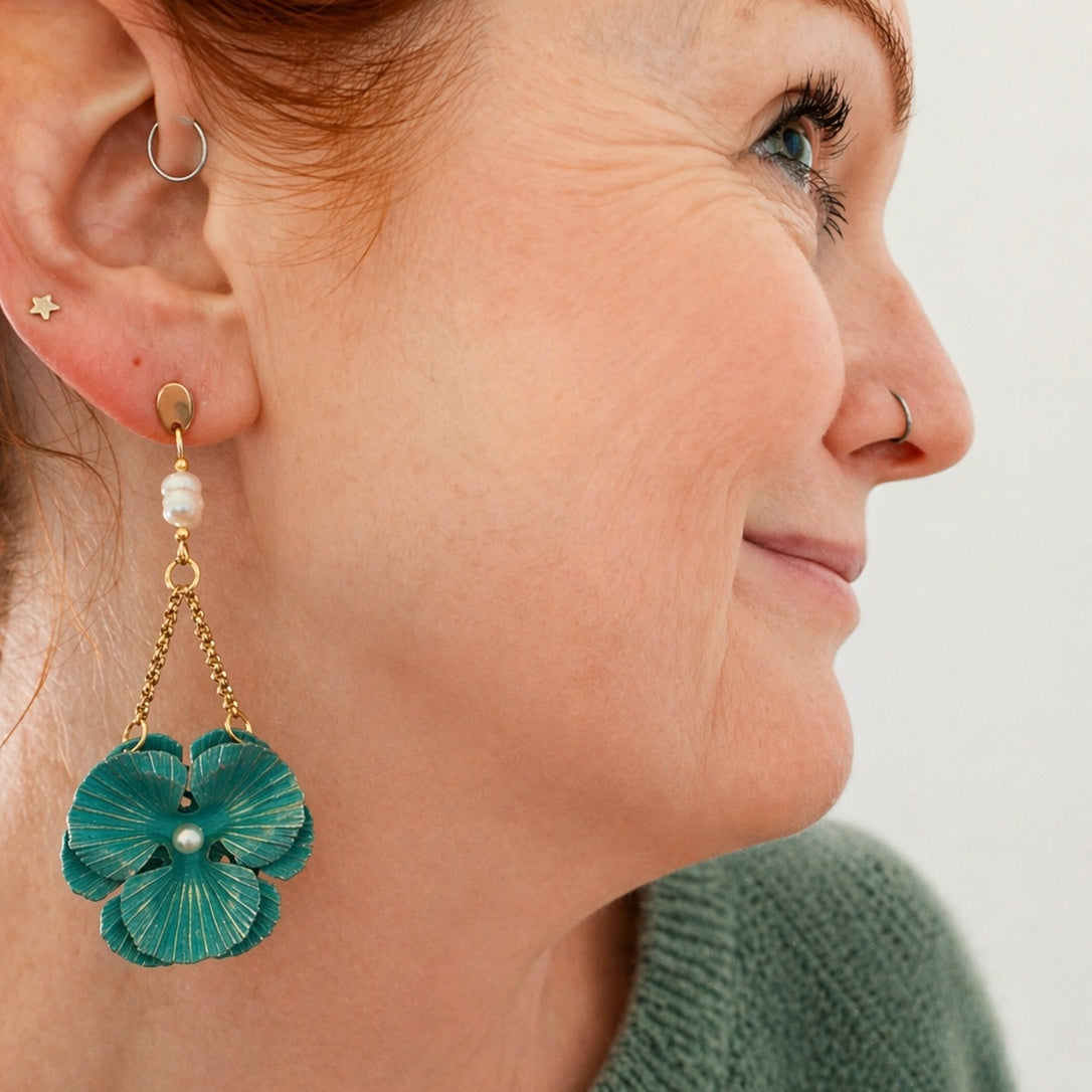 80mm long earrings with pearls and flowers