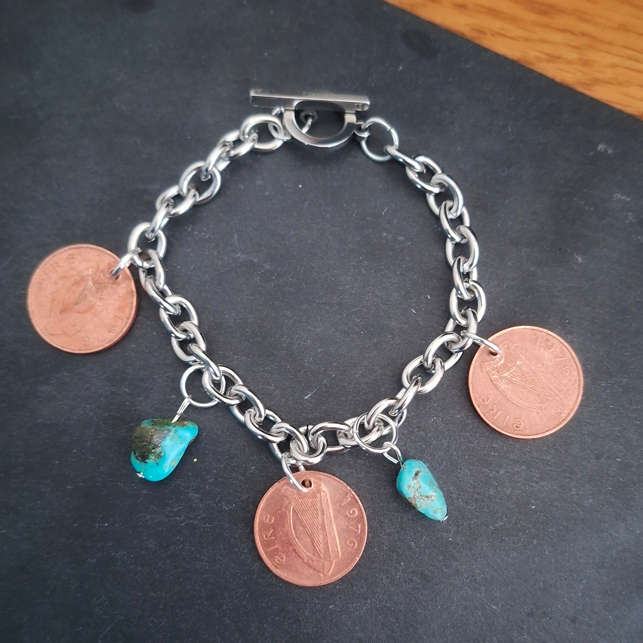 1976 Irish 1p Coin and Turquoise Charm Bracelet
