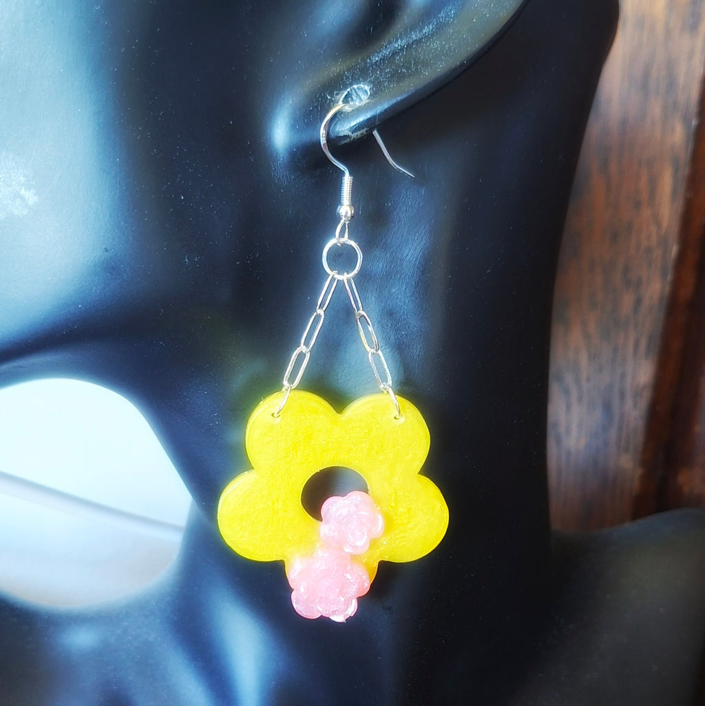 Large yellow and pink flower earrings