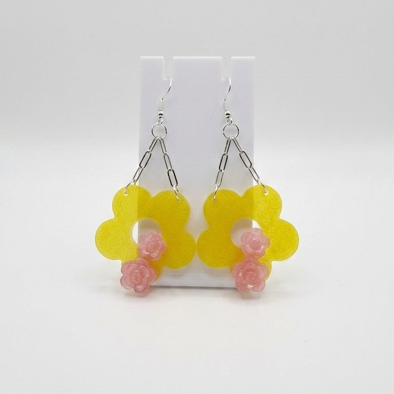Large yellow and pink flower earrings