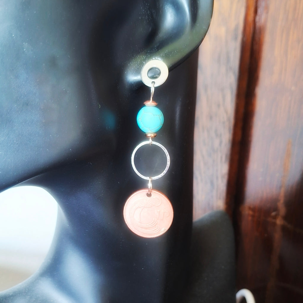 1976 Irish 1p Coin and turquoise bead earrings