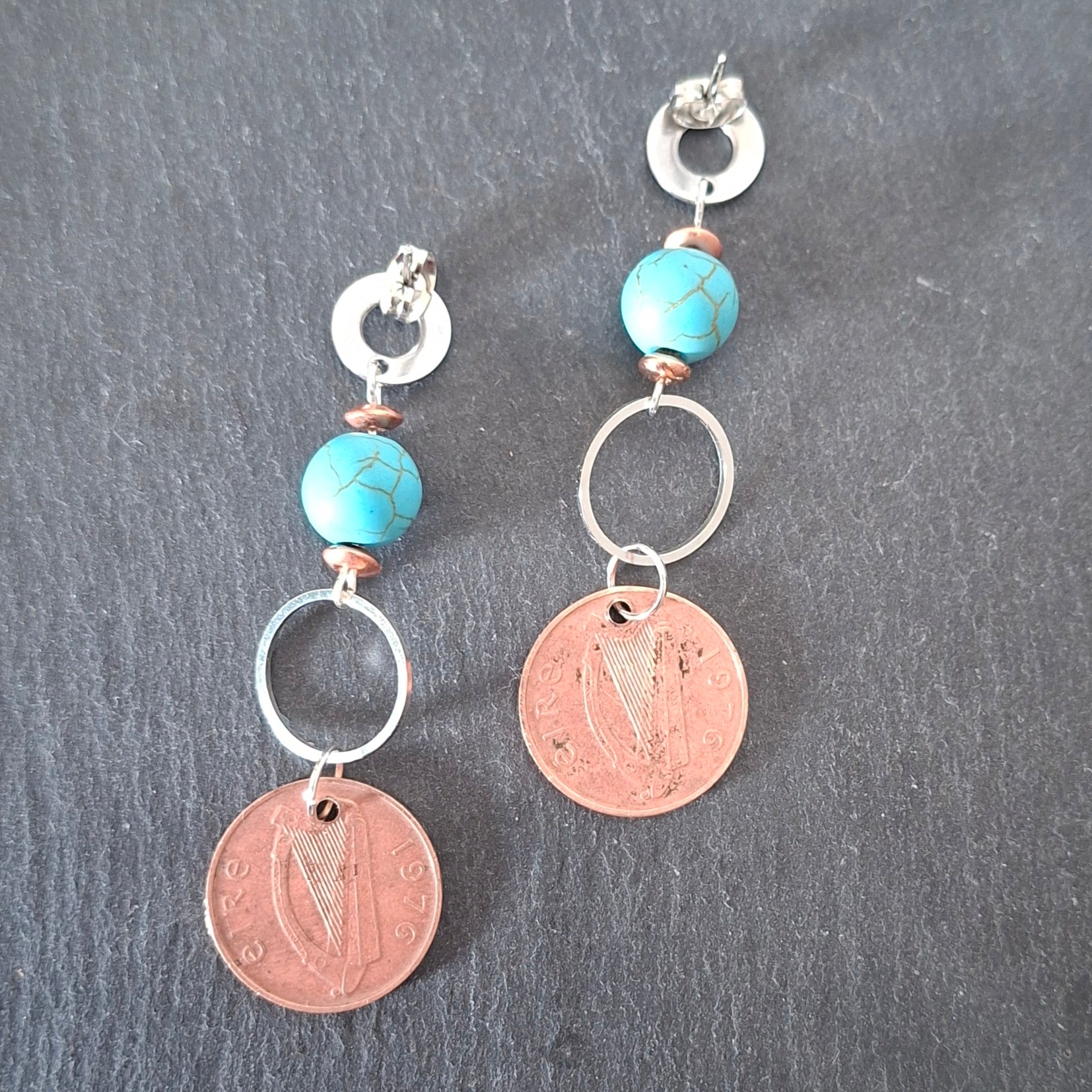 1976 Irish 1p Coin and turquoise bead earrings