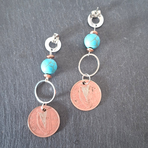 1976 Irish 1p Coin and turquoise bead earrings