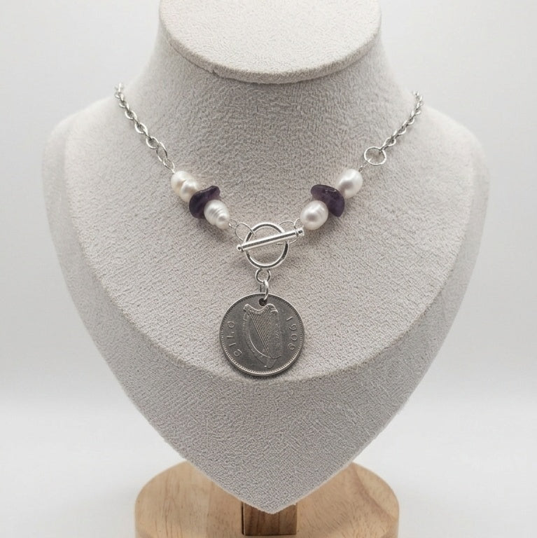 1969 Irish 5p Coin with Freshwater Pearl and Amethyst Necklace