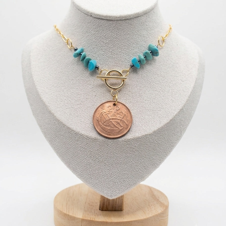 1988 Irish 2p Coin, Turquoise and Hematite Necklace