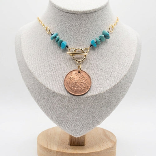 1988 Irish 2p Coin, Turquoise and Hematite Necklace