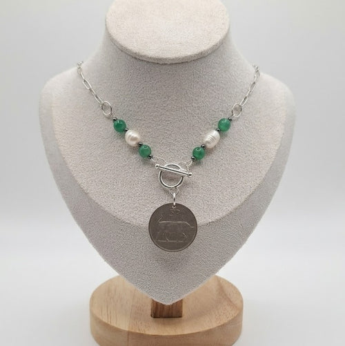 1976 Irish 5p Coin Necklace | Green Agate & Pearl 