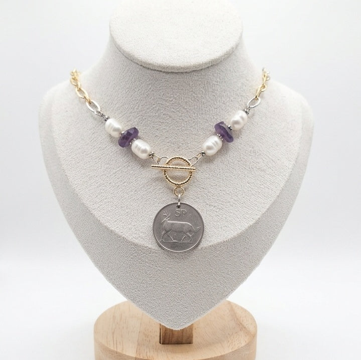 1976 Irish 5p Coin Necklace (Freshwater Pearls & Amethyst)