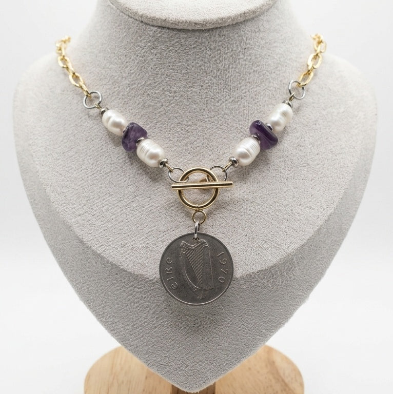 1976 Irish 5p Coin Necklace (Freshwater Pearls & Amethyst)