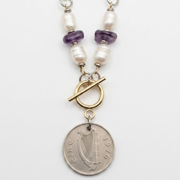 1976 Irish 5p Coin Necklace (Freshwater Pearls & Amethyst)