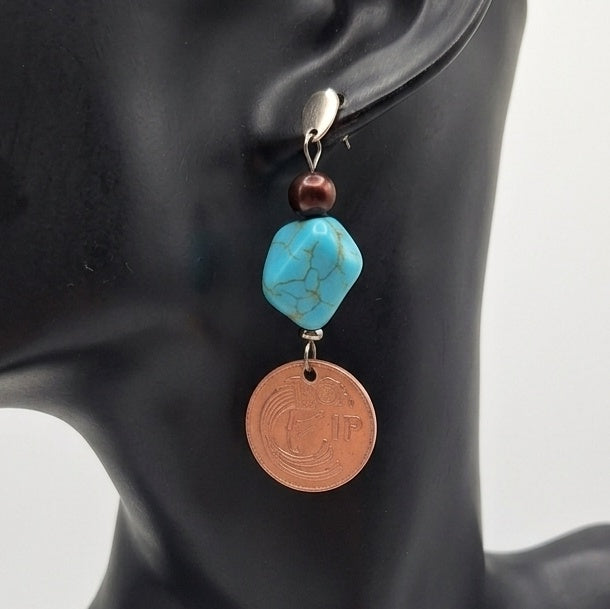 1976 Irish 1p Coin Earrings (Turquoise & Copper Freshwater Pearl)