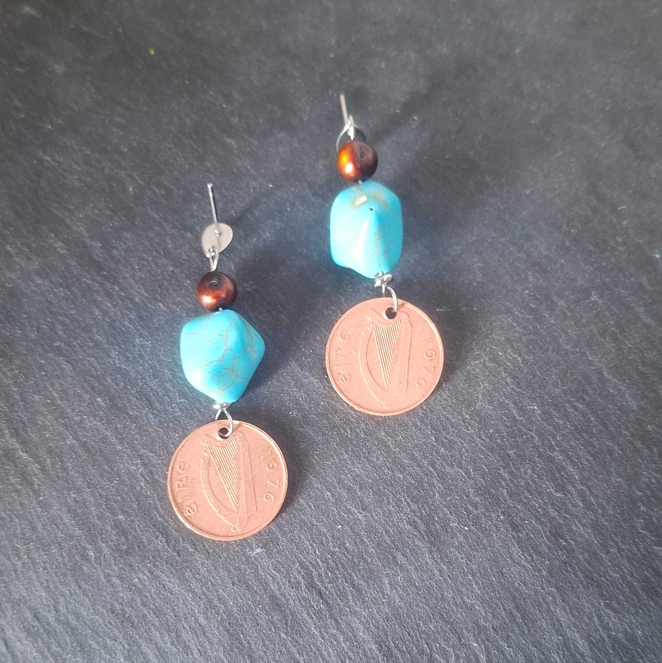 1976 Irish 1p Coin Earrings (Turquoise & Copper Freshwater Pearl)
