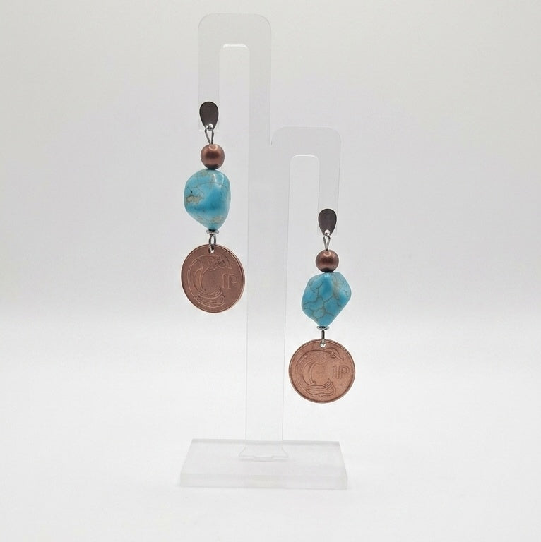 1976 Irish 1p Coin Earrings (Turquoise & Copper Freshwater Pearl)