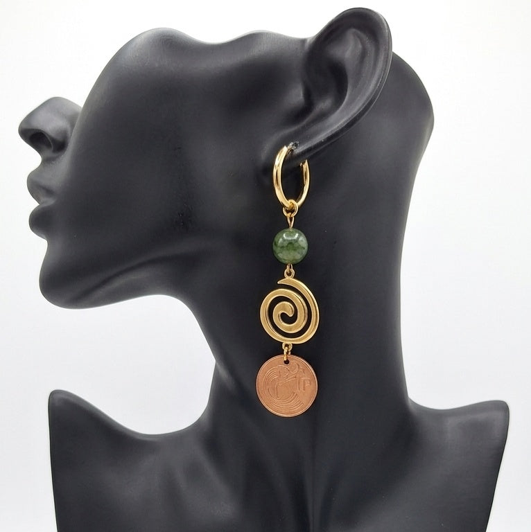 1996 Irish 1p Coin & Connemara Marble Earrings