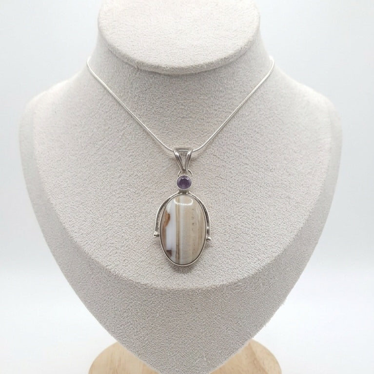 Vintage Sterling Silver Banded Agate & Amethyst Pendant Necklace