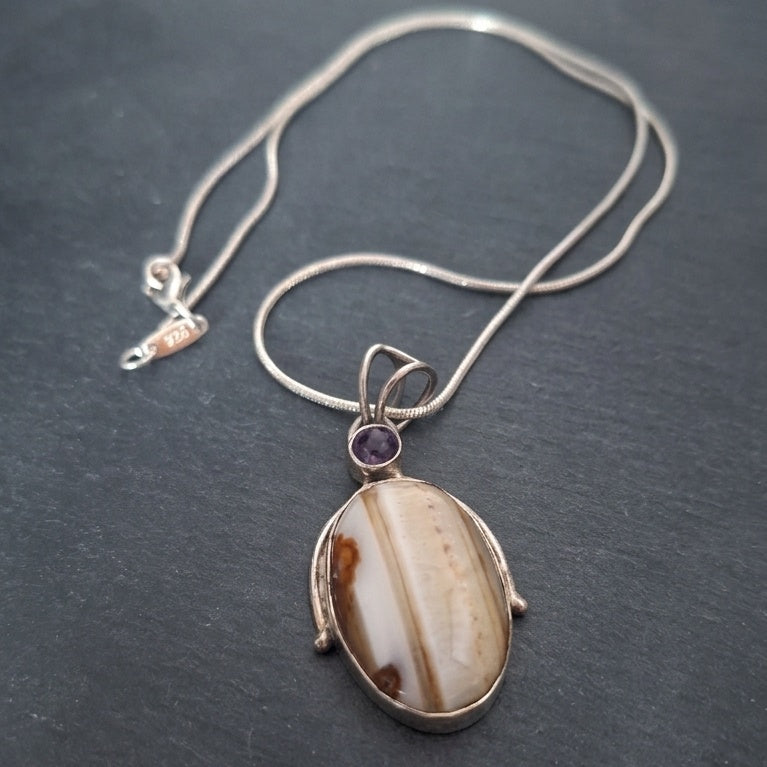 Vintage Sterling Silver Banded Agate & Amethyst Pendant Necklace
