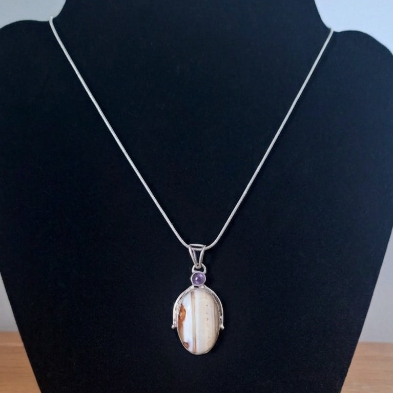 Vintage Sterling Silver Banded Agate & Amethyst Pendant Necklace