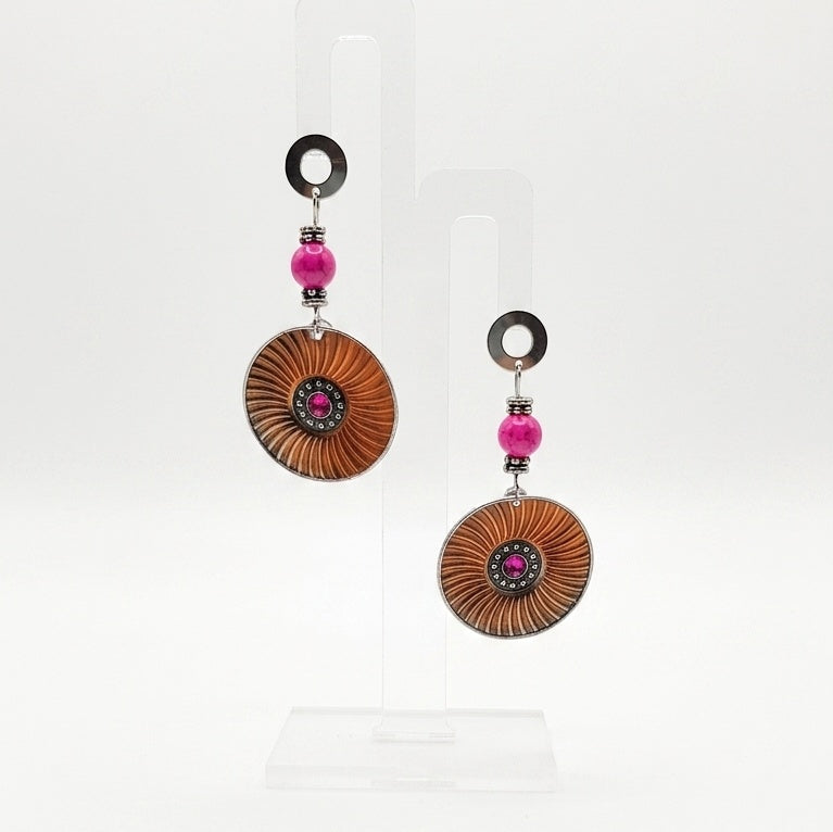 Orange and pink enamelled disc earrings