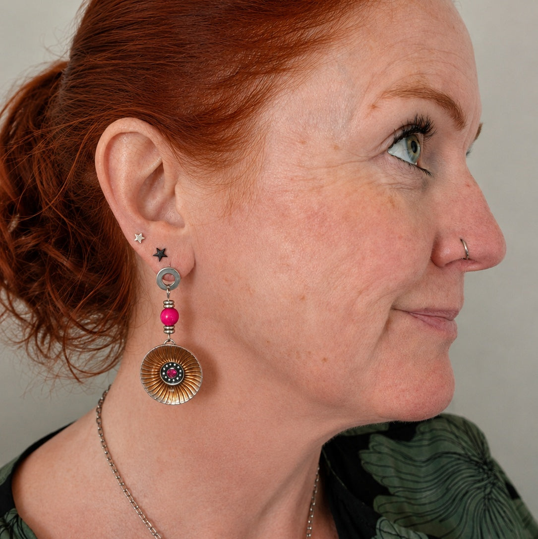 Orange and pink enamelled disc earrings