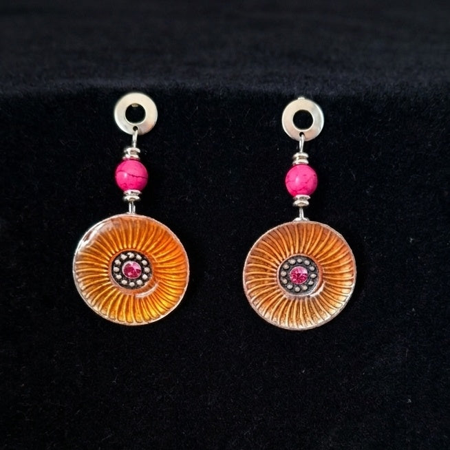 Orange and pink enamelled disc earrings