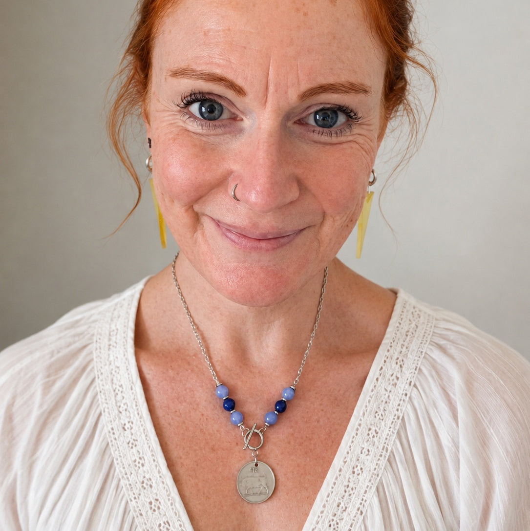 1976 Irish Coin Necklace | Aquamarine & Lapis Lazuli