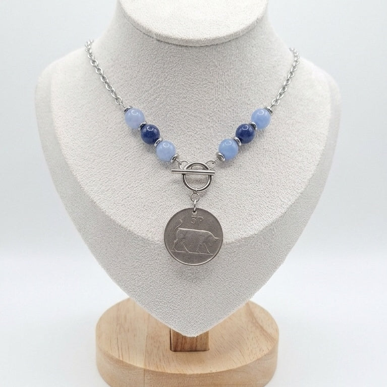 1976 Irish Coin Necklace | Aquamarine & Lapis Lazuli