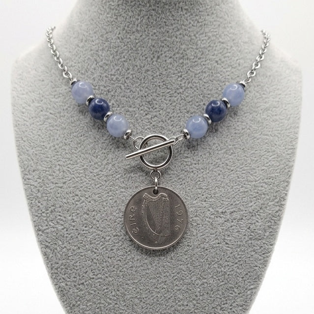 1976 Irish Coin Necklace | Aquamarine & Lapis Lazuli