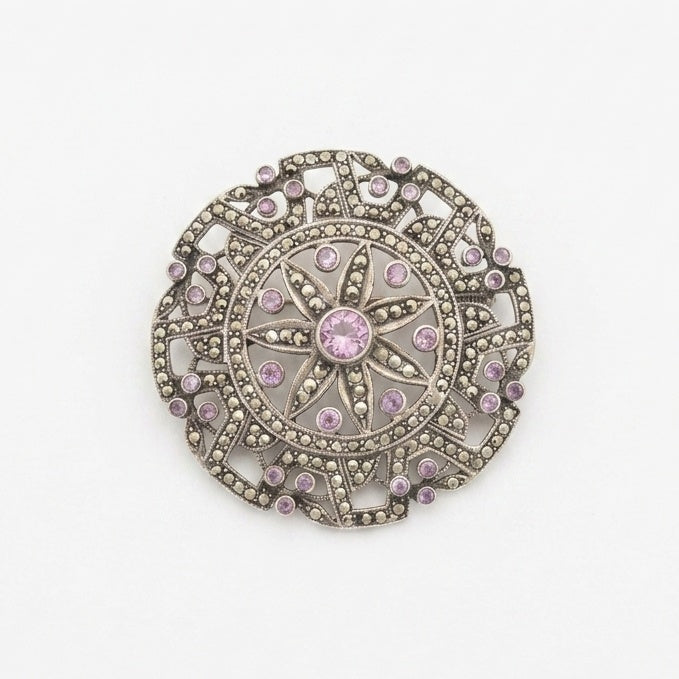 Mid-Century Vintage Sterling Silver Marcasite & Amethyst Crystal Brooch