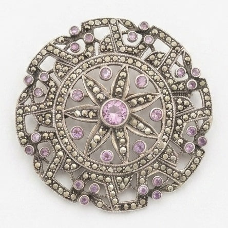 Mid-Century Vintage Sterling Silver Marcasite & Amethyst Crystal Brooch