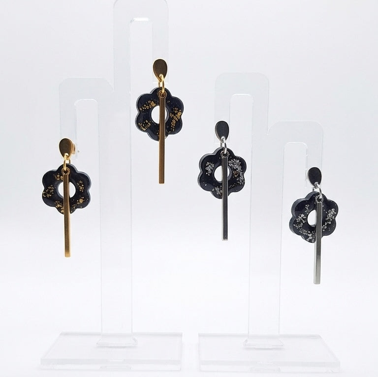 Black resin floral drop earrings with gold foil, handmade in Ireland