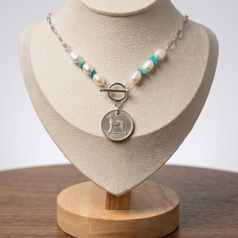 1946 Irish 6d Sixpence Necklace with pearls and turquoise.
