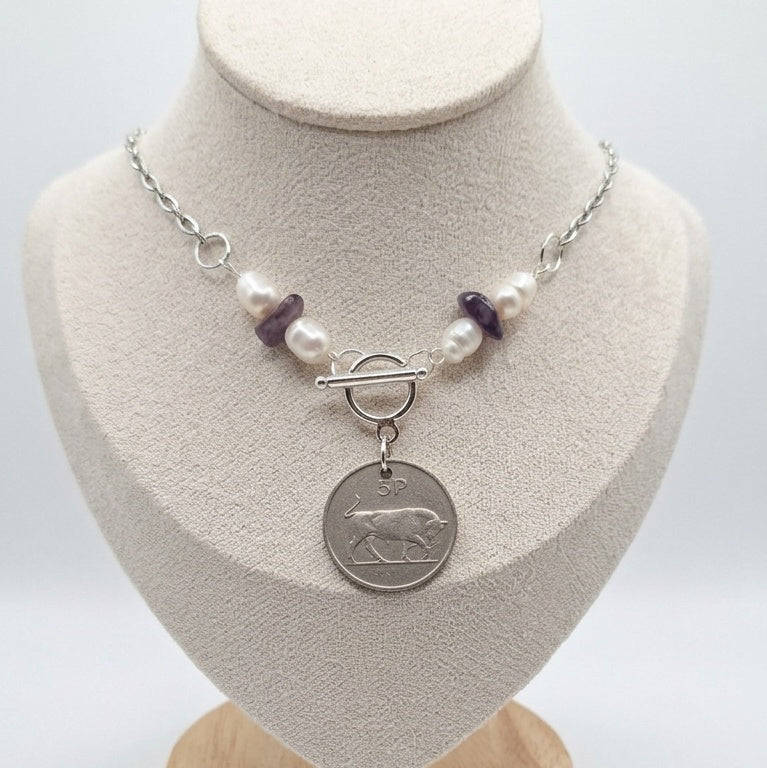 1969 Irish 5p Coin with Freshwater Pearl and Amethyst Necklace