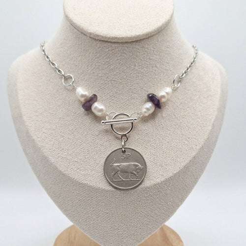 1969 Irish 5p Coin with Freshwater Pearl and Amethyst Necklace