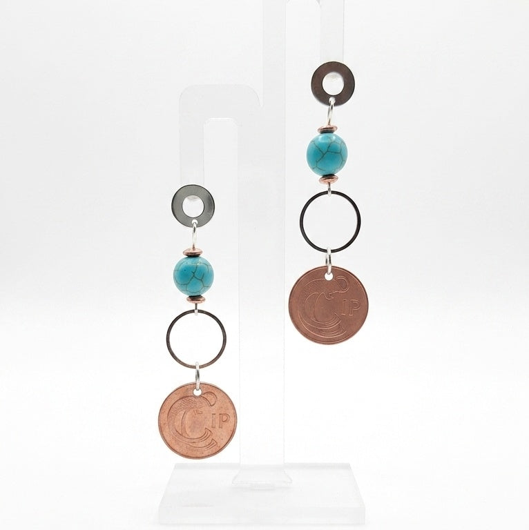 1976 Irish 1p Coin and turquoise bead earrings