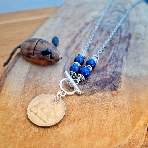 1976 Irish 5p coin necklace with lapis lazuli beads