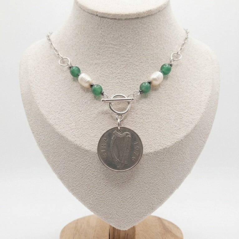 1976 Irish 5p Coin Necklace | Green Agate & Pearl 