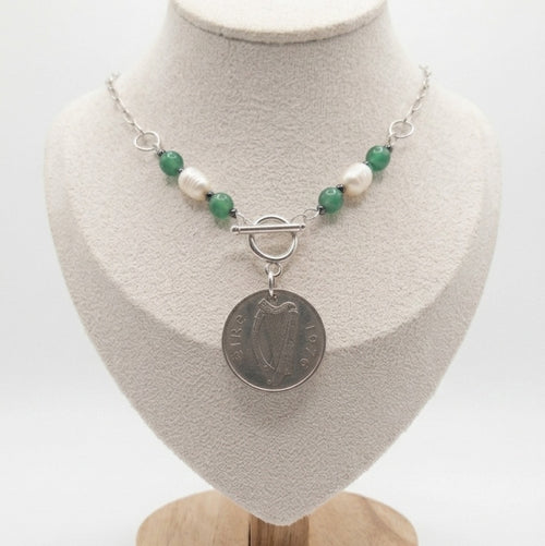 1976 Irish 5p Coin Necklace | Green Agate & Pearl 