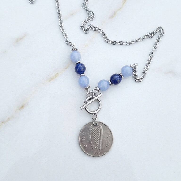 1976 Irish Coin Necklace | Aquamarine & Lapis Lazuli