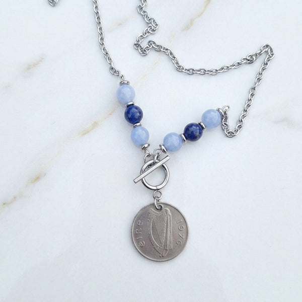 1976 Irish Coin Necklace | Aquamarine & Lapis Lazuli