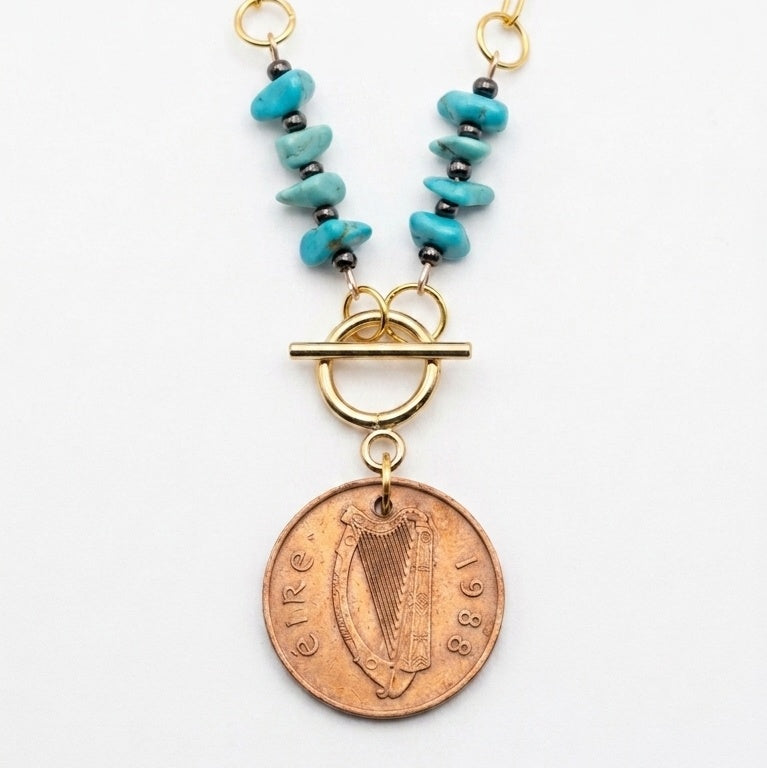 1988 Irish 2p Coin, Turquoise and Hematite Necklace