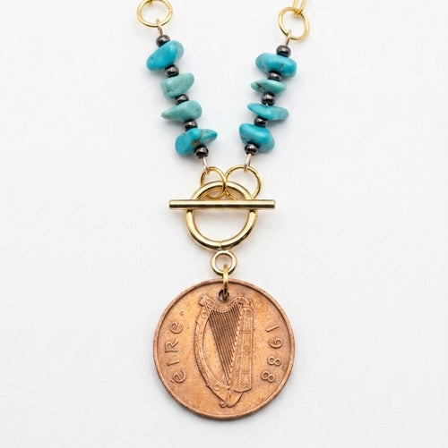 1988 Irish 2p Coin, Turquoise and Hematite Necklace