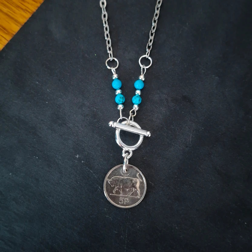 Irish 5p coin necklace with turquoise beads