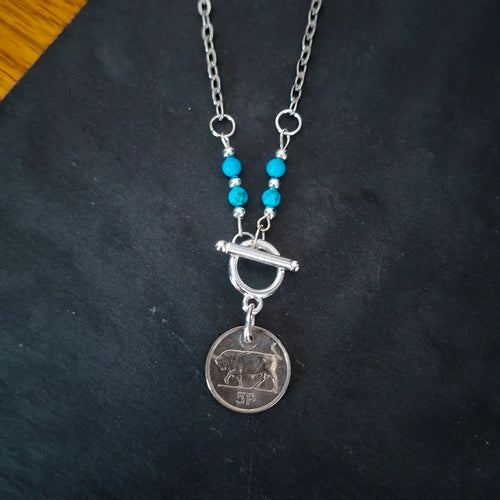 Irish 5p coin necklace with turquoise beads