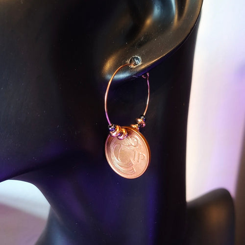 30mm wire hoop earrings made using genuine Irish pennies from 1996 and repurposed hematite beads. By RainbowRegalia, Greystones, Co Wicklow.