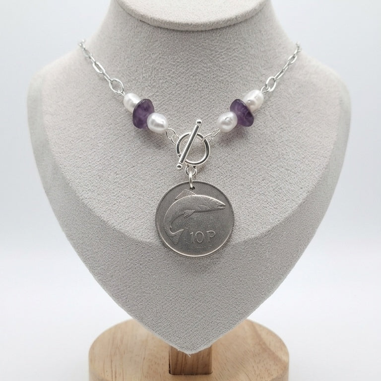 Amethyst and pearl 1976 Irish 10p necklace