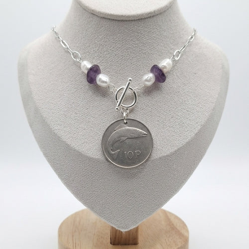 Amethyst and pearl 1976 Irish 10p necklace