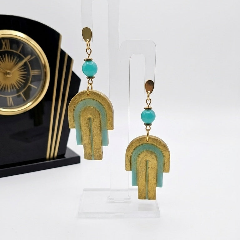 Arch deco inspired teal and gold earrings